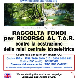 Pigna, 'Amici del Rio Carne': è iniziata la raccolta fondi per la presentazione del ricorso al Tar contro la costruzione della mini centrale idroelettrica