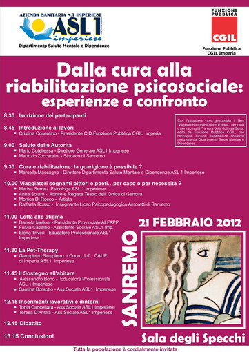 Sanremo: martedì 21, seminario “Dalla cura alla riabilitazione psicosociale”