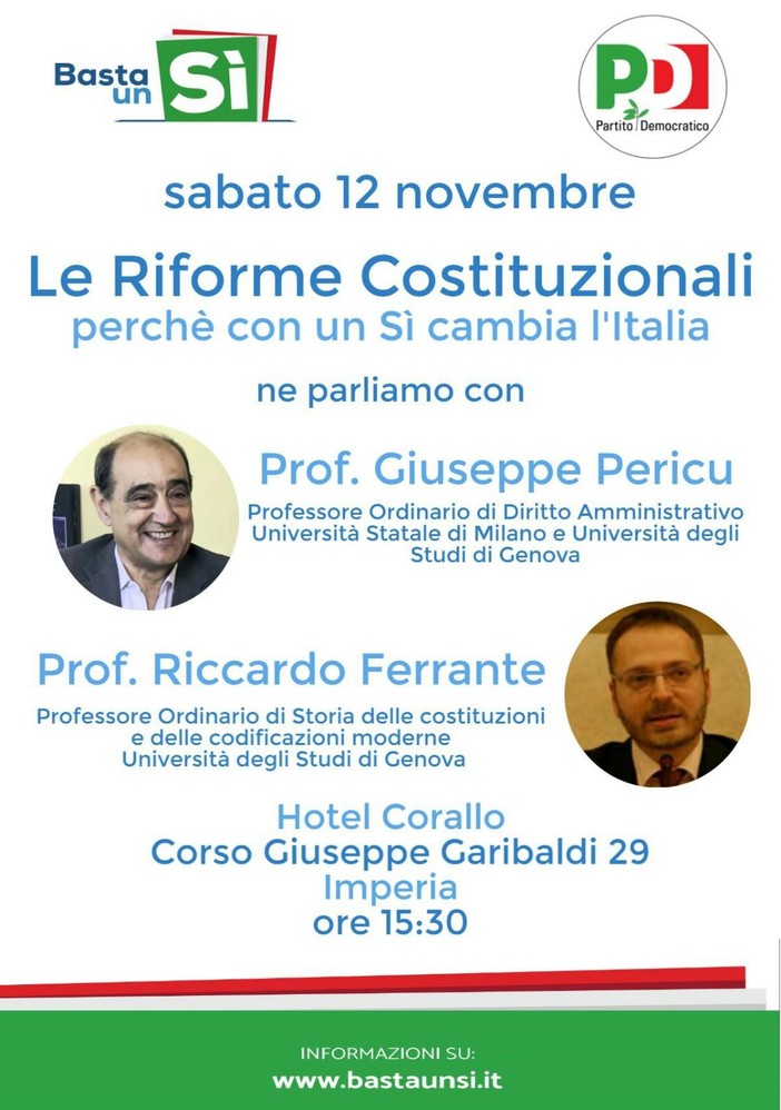 Imperia: oggi all'Hotel Corallo un incontro per promuovere il 'Sì' al prossimo referendum costituzionale