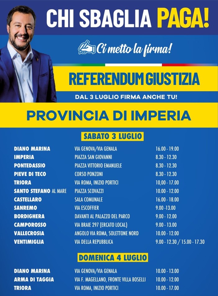 Dalla costa all'entroterra domani in provincia di Imperia scatta la campagna referendaria della Lega sulla giustizia Dalla costa all'entroterra domani in provincia di Imperia scatta la campagna referendaria della Lega sulla giustizia
