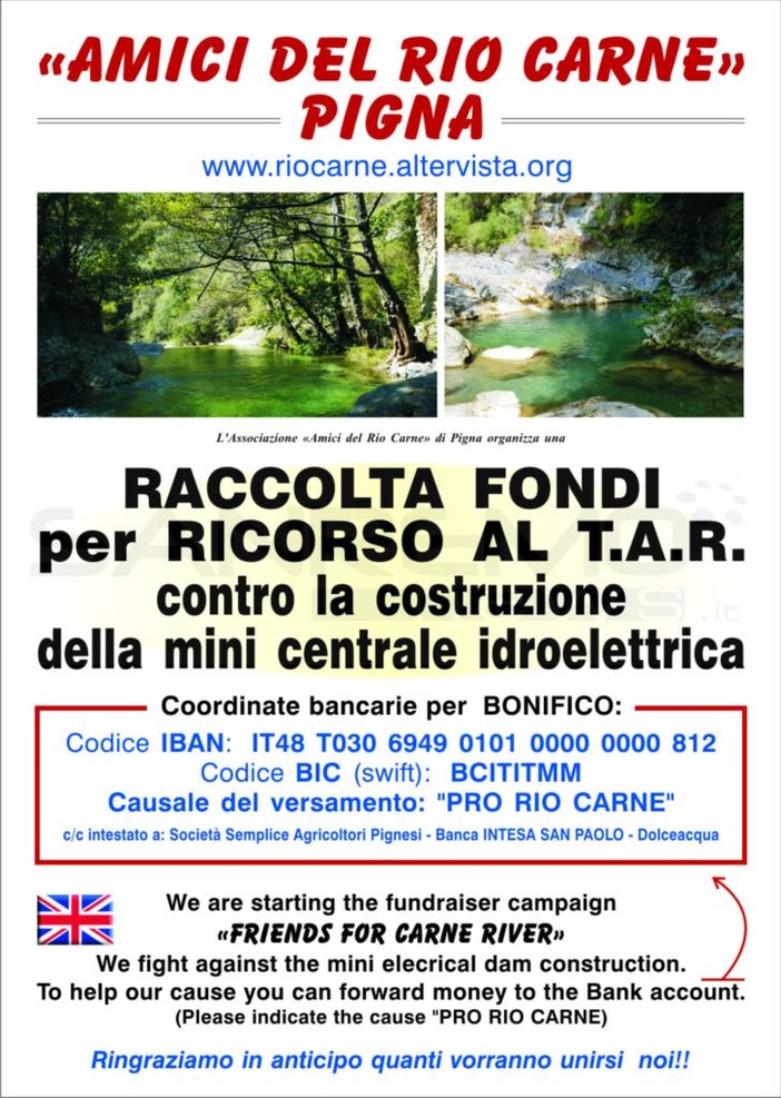 Pigna, 'Amici del Rio Carne': è iniziata la raccolta fondi per la presentazione del ricorso al Tar contro la costruzione della mini centrale idroelettrica