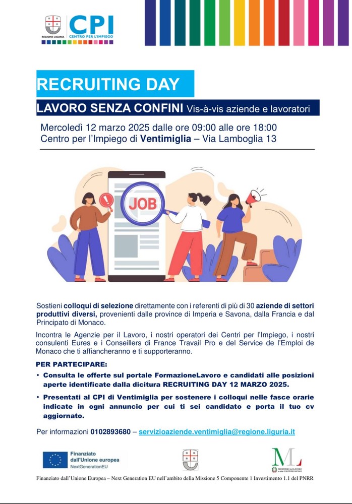 "Lavoro senza confini": il 12 marzo a Ventimiglia oltre 30 aziende per il Recruiting Day "Lavoro senza confini": il 12 marzo a Ventimiglia oltre 30 aziende per il Recruiting Day