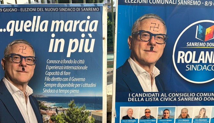 Sanremo, svastiche e baffetti alla Hitler sui manifesti elettorali di Gianni Rolando (Foto) Sanremo, svastiche e baffetti alla Hitler sui manifesti elettorali di Gianni Rolando (Foto)