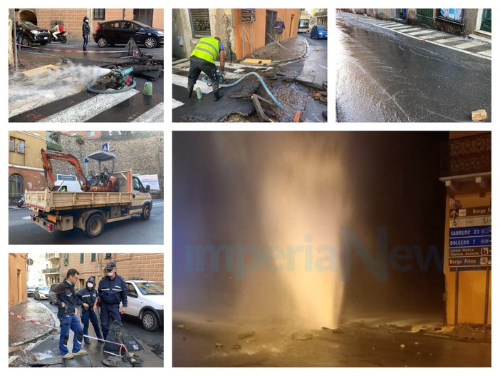 Imperia: operai al lavoro per riparare la perdita del tubo della scorsa notte, disagi per tutta la mattinata (foto e video)