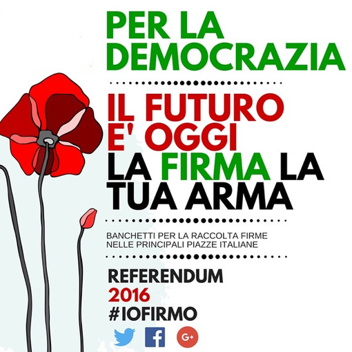 Continua in provincia di Imperia la raccolta di firme relativa al Referendum Costituzionale ed alla richiesta di referendum abrogativi su 'Italicum', 'Buona Scuola' e 'Sblocca Italia' Continua in provincia di Imperia la raccolta di firme relativa al Referendum Costituzionale ed alla richiesta di referendum abrogativi su 'Italicum', 'Buona Scuola' e 'Sblocca Italia'