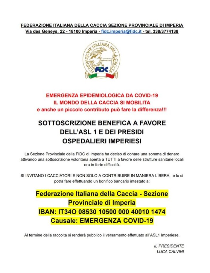 Coronavirus, attivata la raccolta fondi per l'Asl di Imperia dalla sezione provinciale della federazione della caccia