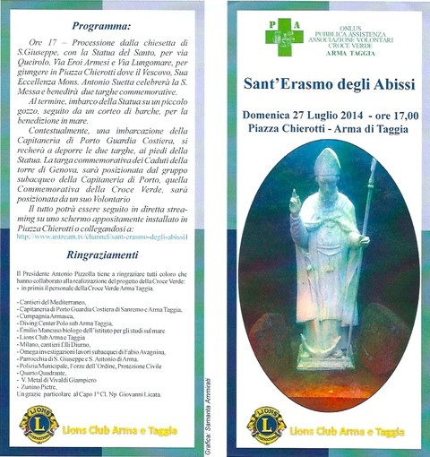 Taggia: domani la cerimonia in onore di Sant'Erasmo, posa della statua e di due targhe commemorative