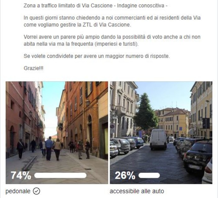 Imperia: su Facebook un sondaggio sulla riapertura al traffico di via Cascione. Il 74% vuole la ztl Imperia: su Facebook un sondaggio sulla riapertura al traffico di via Cascione. Il 74% vuole la ztl