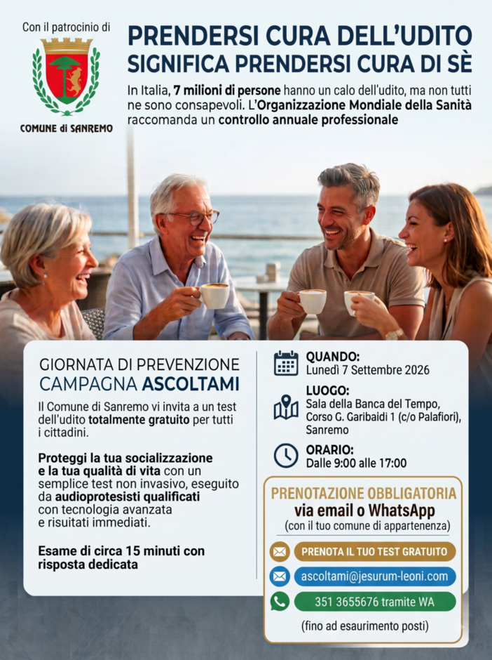 Sanremo dice sì alla prevenzione: al via gli screening dell'udito gratuiti con il progetto "ASCOLTAMI" Sanremo dice sì alla prevenzione: al via gli screening dell'udito gratuiti con il progetto "ASCOLTAMI"