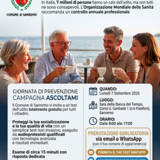 Sanremo dice sì alla prevenzione: al via gli screening dell'udito gratuiti con il progetto "ASCOLTAMI" Sanremo dice sì alla prevenzione: al via gli screening dell'udito gratuiti con il progetto "ASCOLTAMI"