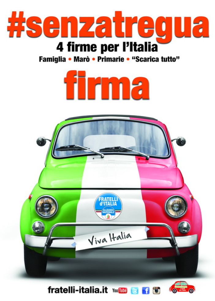 Imperia: giovedì l'iniziativa di Fratelli d'Italia "senzatregua 4 firme per l’Italia. Famiglia, Marò, Primarie, Scaricatutto"