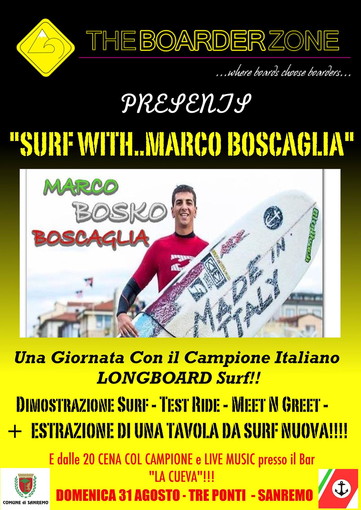 Sanremo: una giornata con Marco Boscaglia, domenica ai Tre Ponti l'evento surfistico con il campione italiano di longboard