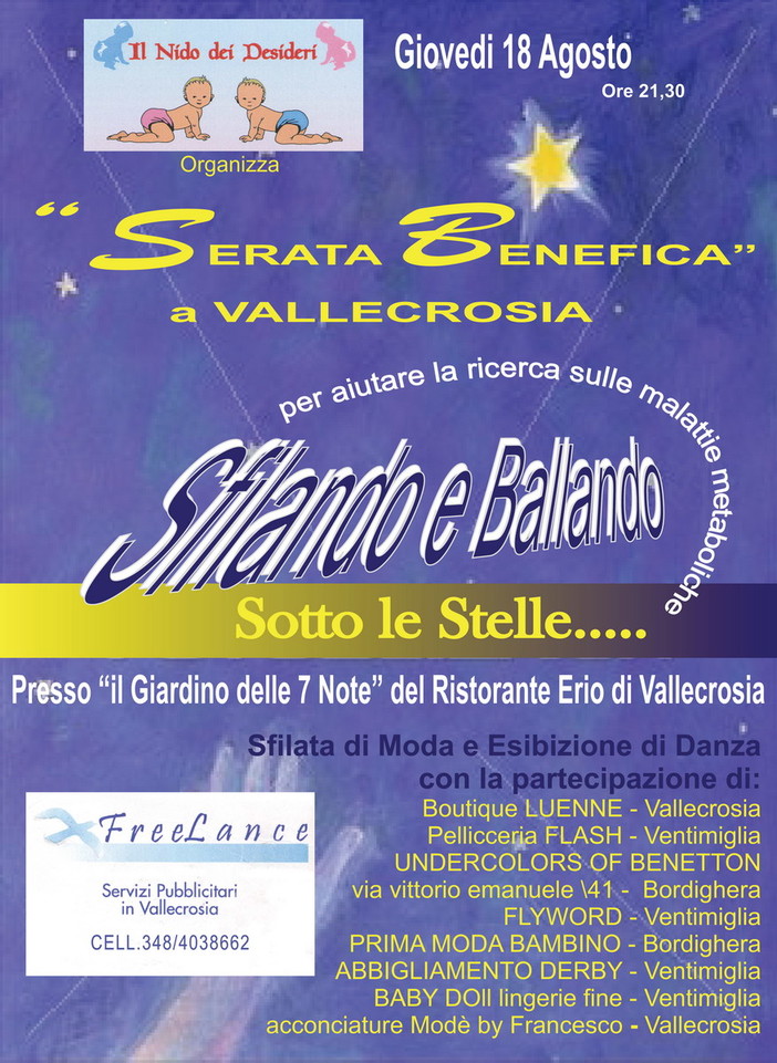Vallecrosia: 'Sfilando e ballando sotto le stelle'. giovedì 18 serata benefica pro Gaslini Vallecrosia: 'Sfilando e ballando sotto le stelle'. giovedì 18 serata benefica pro Gaslini