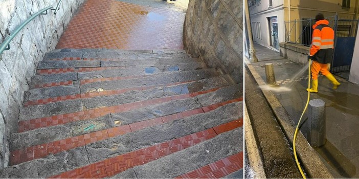 • A sinistra la scalinata dopo l’intervento di pulizia; a destra un’immagine d’archivio degli operatori di Amaie Energie al lavoro • A sinistra la scalinata dopo l’intervento di pulizia; a destra un’immagine d’archivio degli operatori di Amaie Energie al lavoro