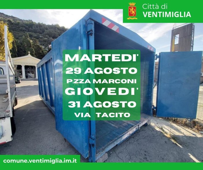 Ventimiglia: rifiuti ingombranti, anche questa settimana saranno attivi i punti di raccolta sperimentali Ventimiglia: rifiuti ingombranti, anche questa settimana saranno attivi i punti di raccolta sperimentali