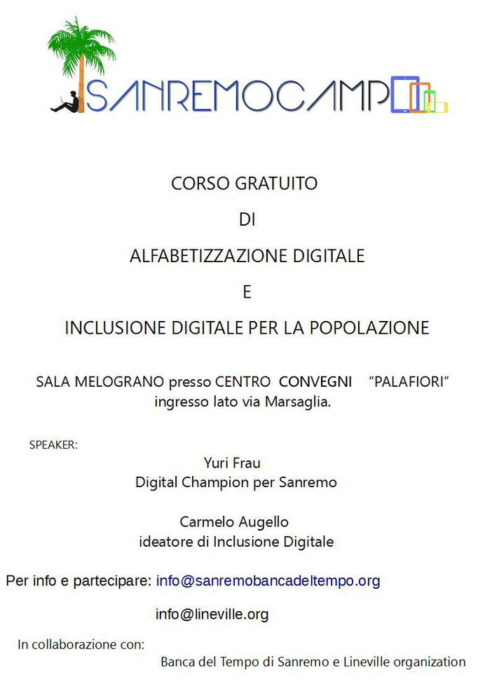 Martedì nuovo appuntamento con SanremoCamp al Palafiori per diventare cittadini digitali Martedì nuovo appuntamento con SanremoCamp al Palafiori per diventare cittadini digitali