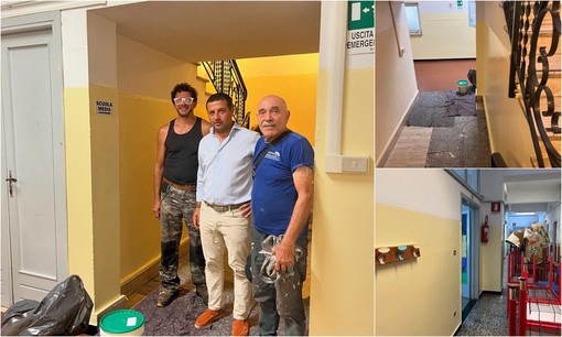 Vallecrosia, lavori di tinteggiatura e raffrescamento di aule e corridoi: sopralluogo a scuola (Foto)
