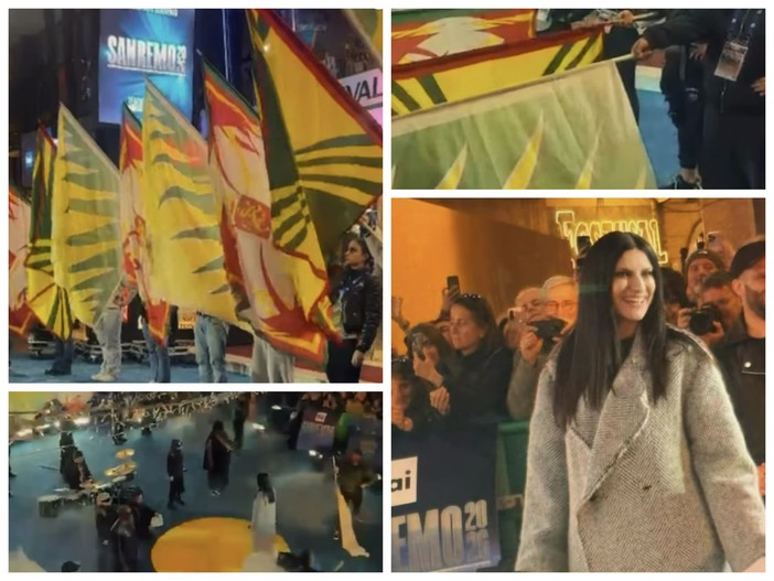 Sanremo 2026, gli Sbandieratori e Musici Città di Ventimiglia si esibiscono con Laura Pausini Sanremo 2026, gli Sbandieratori e Musici Città di Ventimiglia si esibiscono con Laura Pausini