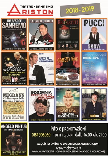 Sanremo: ecco la programmazione per la stagione estiva Teatro Ariston e l'anteprima di quella autunnale