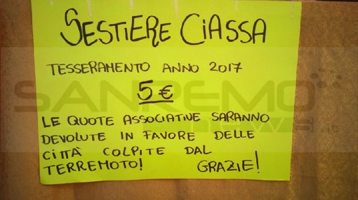 Ventimiglia, Sestiere Ciassa: le quote del tesseramento 2017 saranno devolute in favore delle città colpite dal terremoto Ventimiglia, Sestiere Ciassa: le quote del tesseramento 2017 saranno devolute in favore delle città colpite dal terremoto