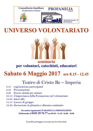 Imperia: il 6 maggio al Teatro di Cristo Re  il seminario "Universo Volontariato"