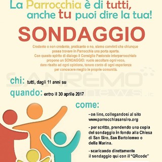 Sanremo: ultimi giorni di tempo per compilare il questionario "La Parrocchia è di tutti, anche tu puoi dire la tua!" Sanremo: ultimi giorni di tempo per compilare il questionario "La Parrocchia è di tutti, anche tu puoi dire la tua!"