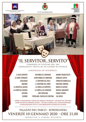 Bordighera: venerdì spettacolo teatrale 'Il servitor... servito' con la compagnia 'Teatro della Luna' Bordighera: venerdì spettacolo teatrale 'Il servitor... servito' con la compagnia 'Teatro della Luna'