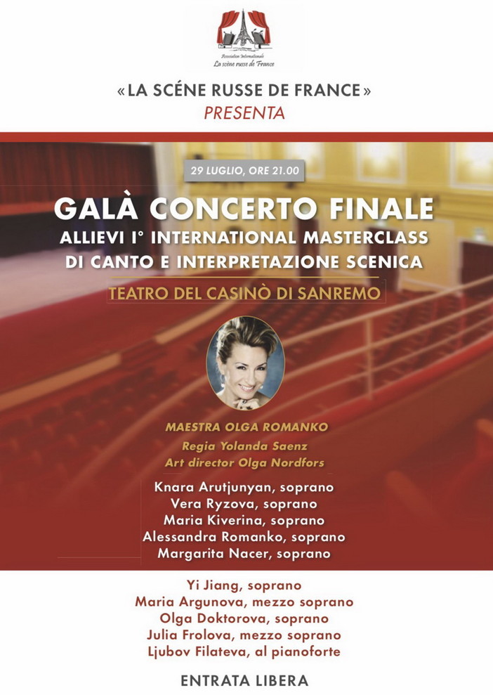 Sanremo: lunedì prossimo Galà finale della prima edizione della Master Class internazionale di canto lirico e interpretazione scenica dal soprano Olga Romanko