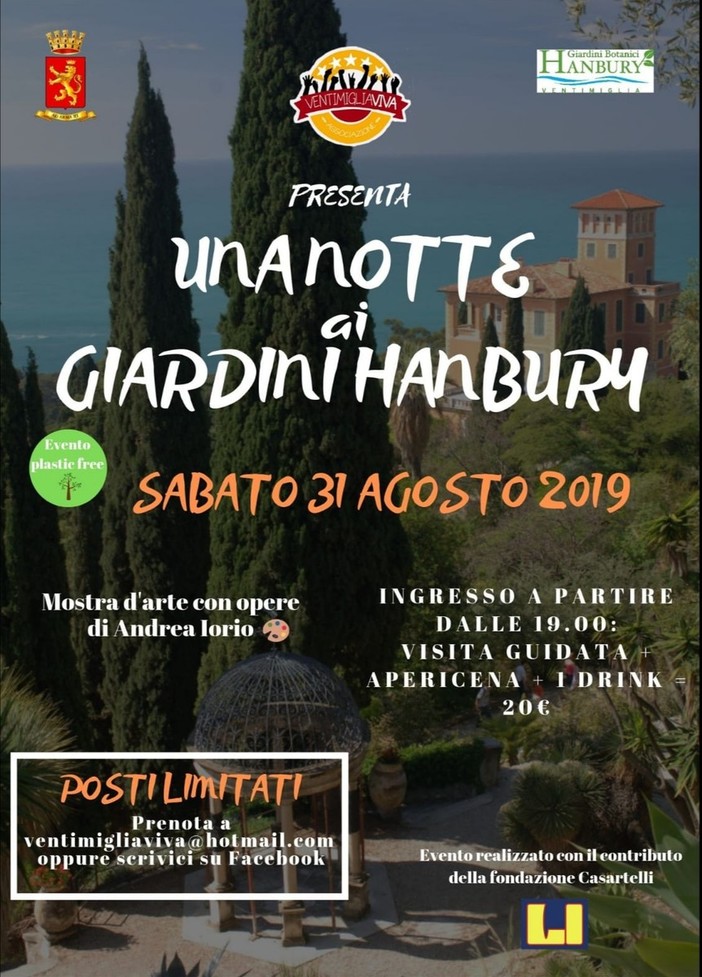 Ventimiglia: sabato "Una Notte ai Giardini Hanbury", aperitivo, visita guidata e dj set. Ventimiglia: sabato "Una Notte ai Giardini Hanbury", aperitivo, visita guidata e dj set.