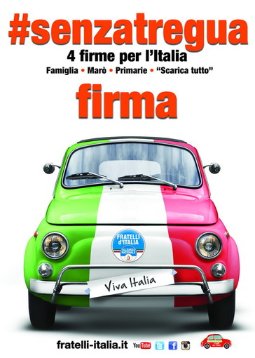 Imperia: giovedì l'iniziativa di Fratelli d'Italia "senzatregua 4 firme per l’Italia. Famiglia, Marò, Primarie, Scaricatutto"