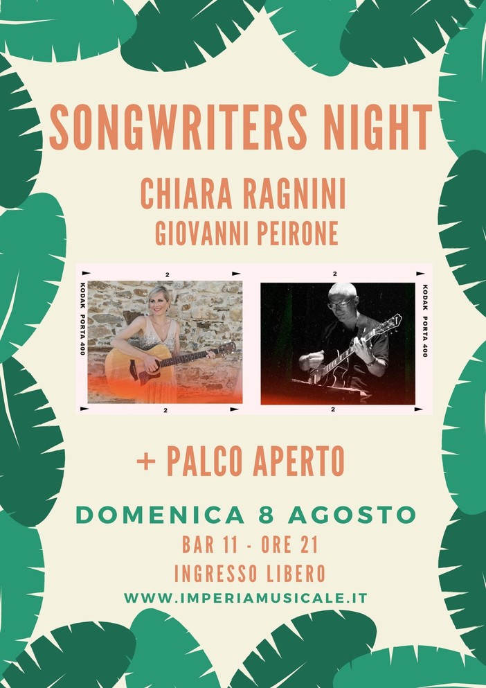Imperia: Songwriters Night, domani appuntamento con Chiara Ragnini e Giovanni Peirone Imperia: Songwriters Night, domani appuntamento con Chiara Ragnini e Giovanni Peirone