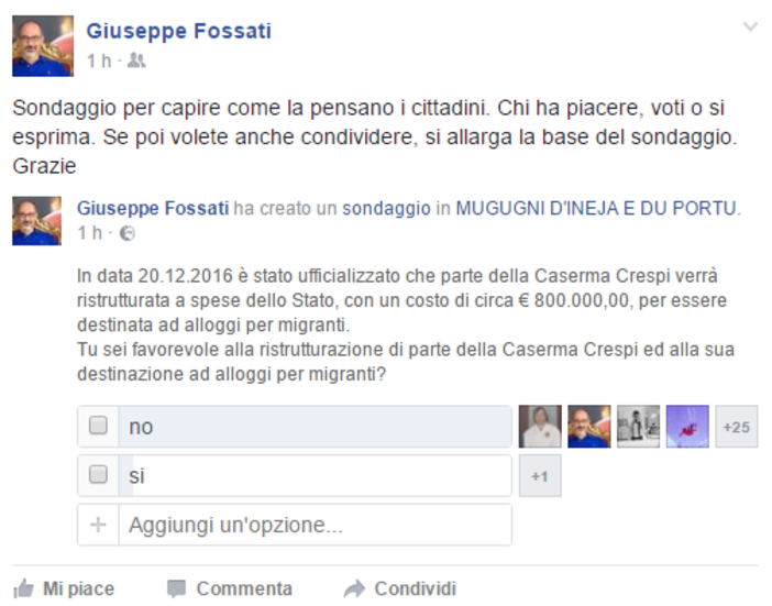 Il capogruppo di Imperia Riparte Giuseppe Fossati lancia due sondaggi sui migranti sul gruppo Facebook "Mugugni d'Ineja e du Portu"