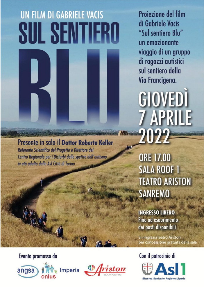 Sanremo: giovedì prossimo, proiezione film ‘Sul Sentiero Blu’ in occasione della giornata mondiale della consapevolezza sull'Autismo Sanremo: giovedì prossimo, proiezione film ‘Sul Sentiero Blu’ in occasione della giornata mondiale della consapevolezza sull'Autismo