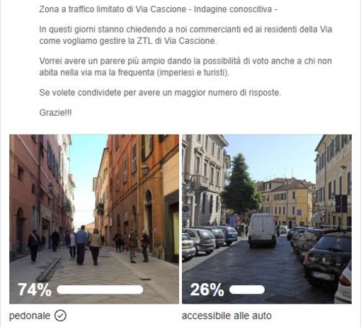 Imperia: su Facebook un sondaggio sulla riapertura al traffico di via Cascione. Il 74% vuole la ztl Imperia: su Facebook un sondaggio sulla riapertura al traffico di via Cascione. Il 74% vuole la ztl