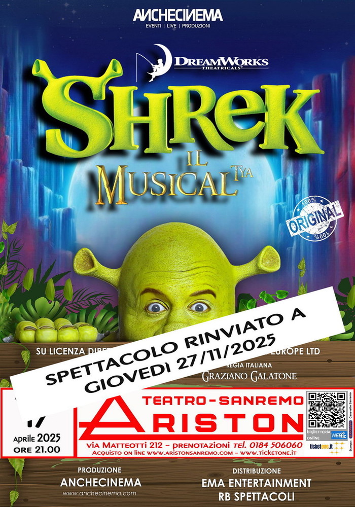 Sanremo: per motivi organizzativi rinviato al 27 novembre lo spettacolo ‘Shrek il musical’ all'Ariston Sanremo: per motivi organizzativi rinviato al 27 novembre lo spettacolo ‘Shrek il musical’ all'Ariston
