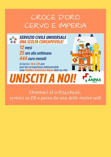 C'è tempo fino al 26 gennaio per iscriversi al Servizio Civile con la Croce d'Oro di Cervo e Imperia