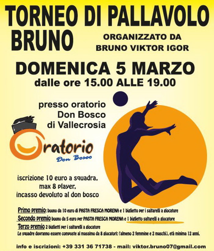 Vallecrosia: domenica prossima, Torneo di Pallavolo all'Oratorio Don Bosco Vallecrosia: domenica prossima, Torneo di Pallavolo all'Oratorio Don Bosco