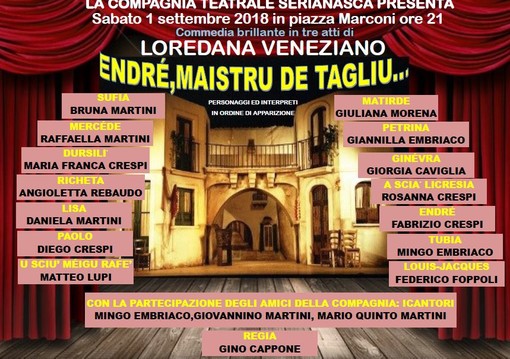 Ceriana: domani sera va in scena la Commedia brillante in tre atti di Loredana Veneziano ‘Endré,Maistru de Tagliu’ Ceriana: domani sera va in scena la Commedia brillante in tre atti di Loredana Veneziano ‘Endré,Maistru de Tagliu’