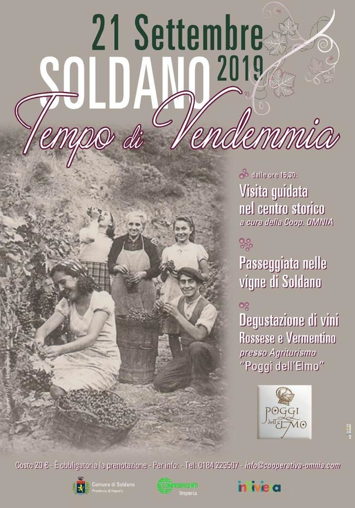 A Soldano è 'Tempo di Vendemmia', al via un tour turistico creato dalla Confesercenti con più tappe, in alcuni luoghi magici del Ponente Ligure A Soldano è 'Tempo di Vendemmia', al via un tour turistico creato dalla Confesercenti con più tappe, in alcuni luoghi magici del Ponente Ligure