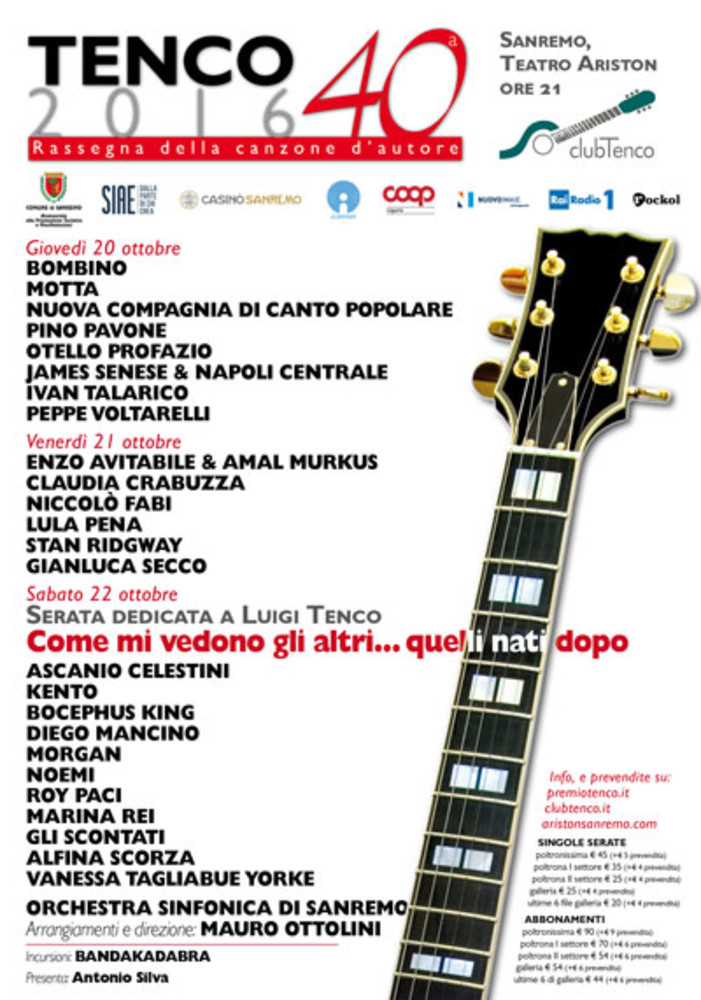 Sanremo: al via giovedì 20 ottobre la 40a edizione del Premio Tenco. Tra gli ospiti anche Carlin Petrini e Morgan