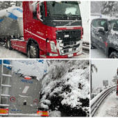 Neve nell'entroterra, mezzi pesanti di traverso sulla 28: traffico in tilt sul colle di Nava (foto)