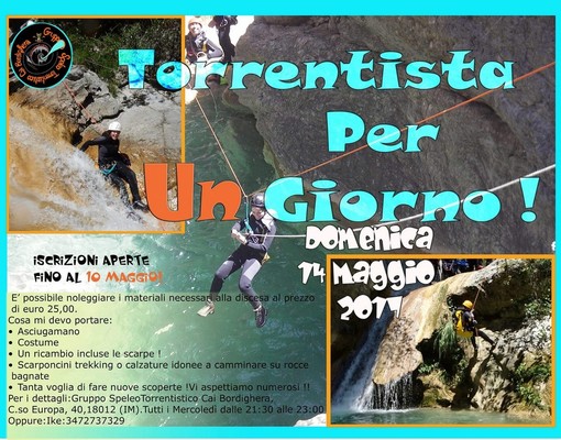 Bordighera: iscrizioni aperte per l'iniziativa 'Torrentista per un giorno', in programma il 14 maggio Bordighera: iscrizioni aperte per l'iniziativa 'Torrentista per un giorno', in programma il 14 maggio