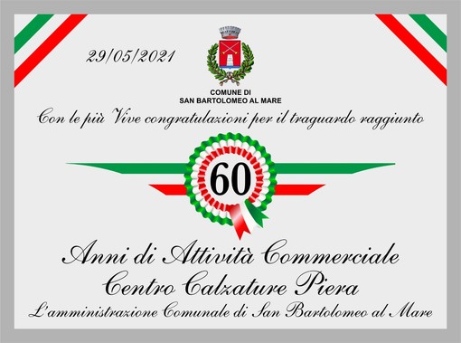 San Bartolomeo al Mare: 60 anni di attività per il Centro calzature Piera, giovedì la consegna di una targa San Bartolomeo al Mare: 60 anni di attività per il Centro calzature Piera, giovedì la consegna di una targa