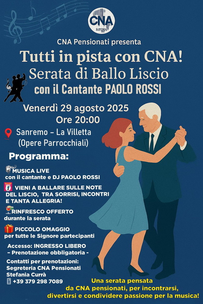 Sanremo celebra i pensionati con una serata di musica e convivialità con l’evento promosso da CNA Pensionati Sanremo celebra i pensionati con una serata di musica e convivialità con l’evento promosso da CNA Pensionati