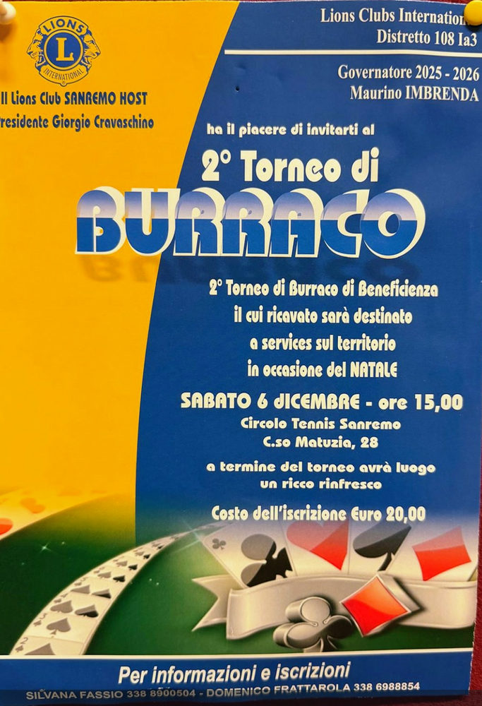 Lions Club Sanremo Host: torna il torneo di burraco a sostegno dei service natalizi
