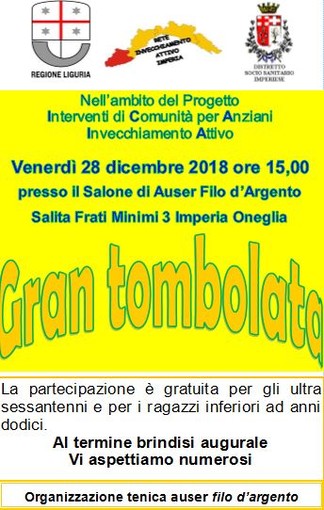 Imperia: venerdì la Gran Tombolata organizzata dall'Auser Filo d'Argento Imperia: venerdì la Gran Tombolata organizzata dall'Auser Filo d'Argento