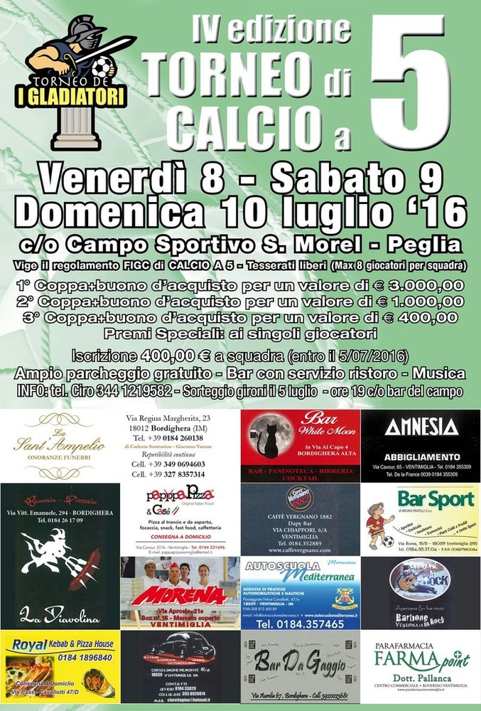 Ventimiglia: a luglio la quarta edizione del torneo di calcio a 5 al campo Morel Ventimiglia: a luglio la quarta edizione del torneo di calcio a 5 al campo Morel