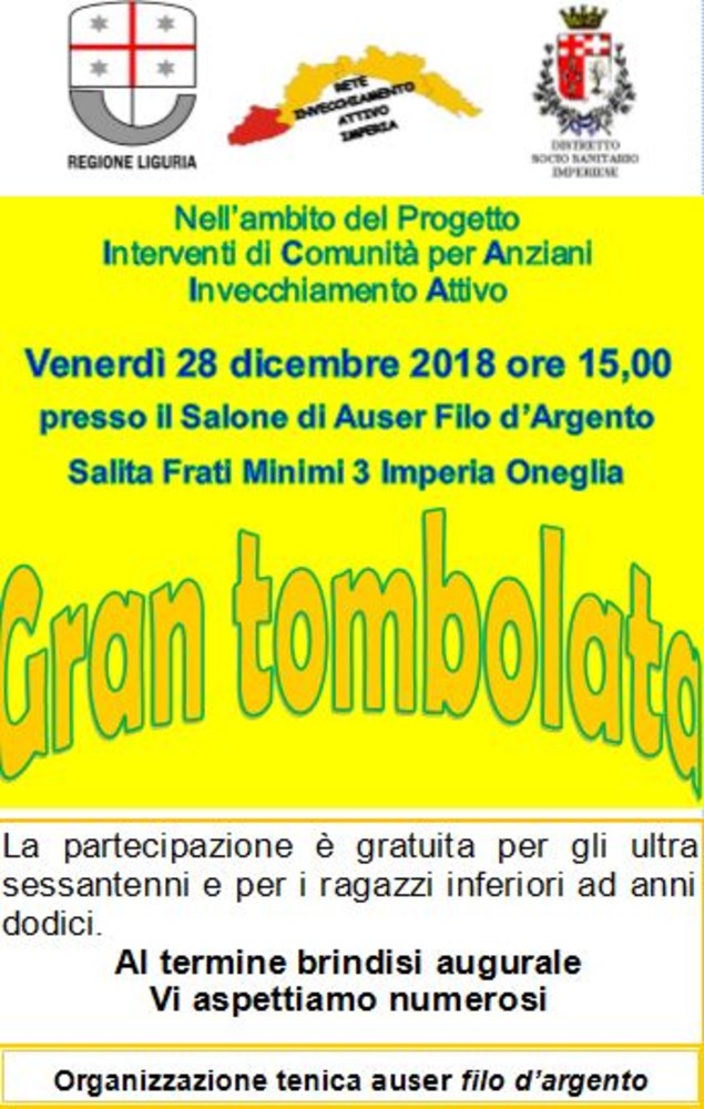 Imperia: venerdì la Gran Tombolata organizzata dall'Auser Filo d'Argento Imperia: venerdì la Gran Tombolata organizzata dall'Auser Filo d'Argento