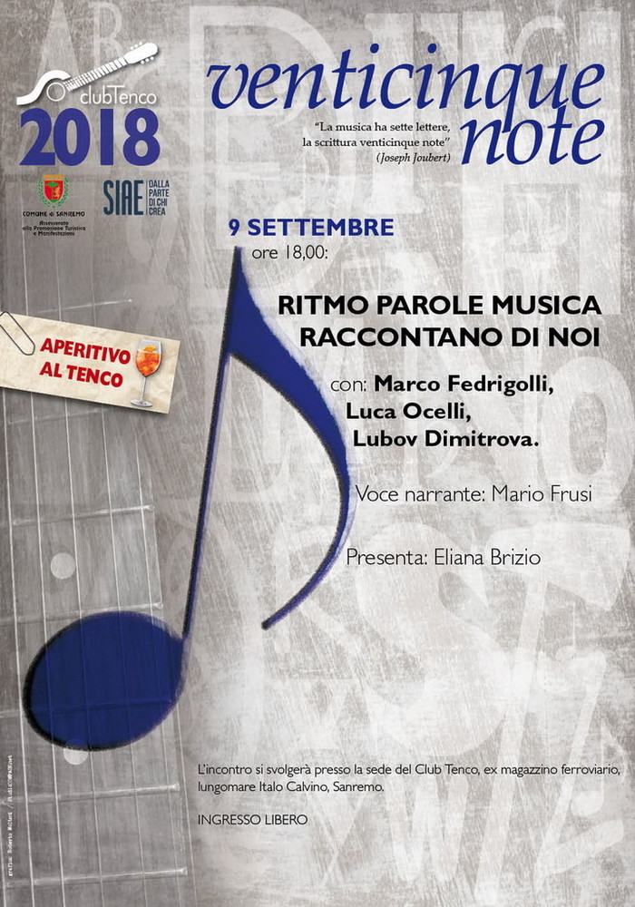 Sanremo: domani, nuovo appuntamento al Club Tenco con ‘Ritmo parole musica raccontano di noi’ Sanremo: domani, nuovo appuntamento al Club Tenco con ‘Ritmo parole musica raccontano di noi’