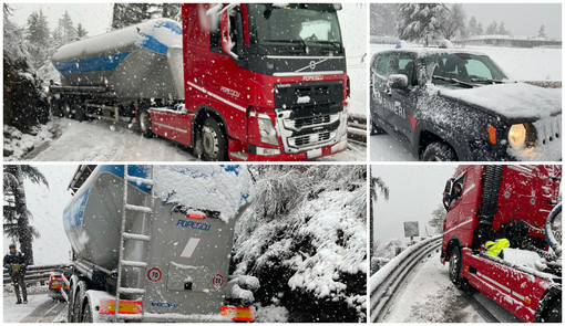Neve nell'entroterra, mezzi pesanti di traverso sulla 28: traffico in tilt sul colle di Nava (foto) Neve nell'entroterra, mezzi pesanti di traverso sulla 28: traffico in tilt sul colle di Nava (foto)
